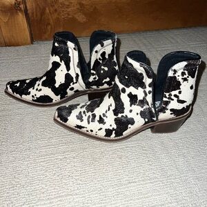 Myra Black and White Ankle Booties with Cow Print